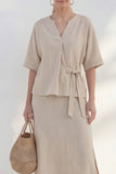Khaki 2 Piece Half Sleeve A Line Midi Work Dress with Slit