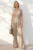 2 Piece Sleeveless Khaki Women's Linen Suits with Sash