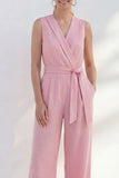 Sleeveless Pink Women's Linen Jumpsuits with Sash