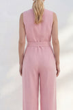 Sleeveless Pink Women's Linen Jumpsuits with Sash