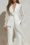 Ruffled Notched Lapel 2 Piece White Women Suits with Pockets