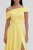 Asymmetrical Neck Yellow A Line Maxi Dress with Slit