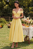 Off the Shoulder Ruched Satin Yellow A Line Maxi Dress