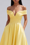 Off the Shoulder Ruched Satin Yellow A Line Maxi Dress