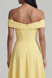 Off the Shoulder Corset A Line Satin Yellow Maxi Dress