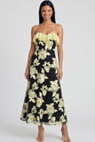 Strapless Ruffled A Line Floral Appliqued Yellow Wedding Guest Dress