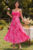 Strapless Ruffled A Line Floral Appliqued Yellow Wedding Guest Dress