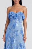 Strapless Ruffled A Line Floral Appliqued Yellow Wedding Guest Dress