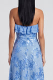 Strapless Ruffled A Line Floral Appliqued Yellow Wedding Guest Dress
