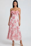 Strapless Ruffled A Line Floral Appliqued Yellow Wedding Guest Dress