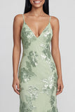 Mermaid Sequin Appliqued Sage Green Wedding Guest Dress