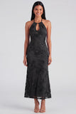 Blue Halter Cut Out Mermaid Floral Appliqued Wedding Guest Dress