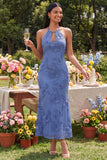 Blue Halter Cut Out Mermaid Floral Appliqued Wedding Guest Dress