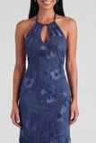 Blue Halter Cut Out Mermaid Floral Appliqued Wedding Guest Dress