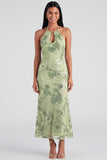Blue Halter Cut Out Mermaid Floral Appliqued Wedding Guest Dress