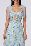 Blue Floral A Line Corset Embroidered Bowed Wedding Guest Dress