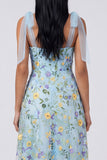 Blue Floral A Line Corset Embroidered Bowed Wedding Guest Dress