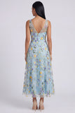Floral Blue Embroidered A Line V Neck Wedding Guest Dress