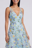 Floral Blue Embroidered A Line V Neck Wedding Guest Dress