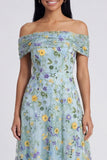 Off the Shoulder Floral Blue A Line Embroidered Wedding Guest Dress