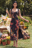 Ivory Printed Corset Sheath Bowed Wedding Guest Dress with Ruffles