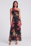 Ivory One Shoulder Ruched Printed A Line Wedding Guest Dress