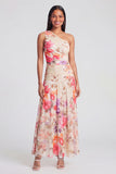 Ivory One Shoulder Ruched Printed A Line Wedding Guest Dress