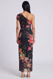 Black One Shoulder Ruched Printed Maxi Wedding Guest Dress