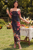 Off the Shoulder Ivory Ruched Printed Bodycon Wedding Guest Dress