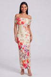 Off the Shoulder Ivory Ruched Printed Bodycon Wedding Guest Dress