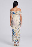 Off the Shoulder Ivory Ruched Printed Bodycon Wedding Guest Dress