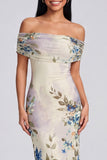 Off the Shoulder Ivory Ruched Printed Bodycon Wedding Guest Dress