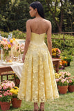Yellow Strapless Appliqued A Line Corset Wedding Guest Dress