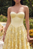 Yellow Strapless Appliqued A Line Corset Wedding Guest Dress