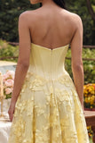 Yellow Strapless Appliqued A Line Corset Wedding Guest Dress