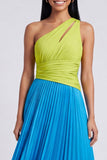 ColorBlock One Shoulder Pleated Green and Blue A Line Formal Dress