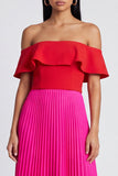 Off the Shoulder Pleated Ruffled ColorBlock Fuchsia and Red Formal Dress