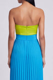 Strapless Green and Blue ColorBlock Pleated A Line Formal Dress