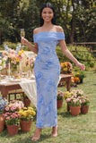 Blue Off the Shoulder Appliqued Bodycon Wedding Guest Dress