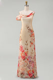 Asymmetrical Neck Printed Champagne Maxi Wedding Guest Dress