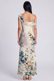 Asymmetrical Neck Printed Champagne Maxi Wedding Guest Dress