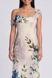 Asymmetrical Neck Printed Champagne Maxi Wedding Guest Dress