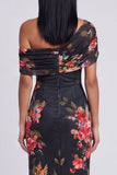 Ivory Asymmetrical Neck Printed Ruched Sheath Wedding Guest Dress
