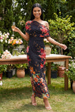 Ivory Asymmetrical Neck Printed Ruched Sheath Wedding Guest Dress