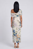 Ivory Asymmetrical Neck Printed Ruched Sheath Wedding Guest Dress