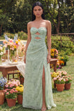 Dusty Sage Strapless Cut Out A Line Ruched Wedding Guest Dress