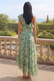 One Shoulder Dusty Green A Line Ruched Ruffled Wedding Guest Dress