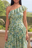 One Shoulder Dusty Green A Line Ruched Ruffled Wedding Guest Dress