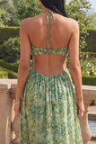 Halter Cut Out Dusty Green A Line Pleated Wedding Guest Dress