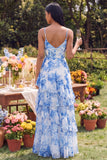 White Blue Floral V Neck Ruffled Maxi Wedding Guest Dress